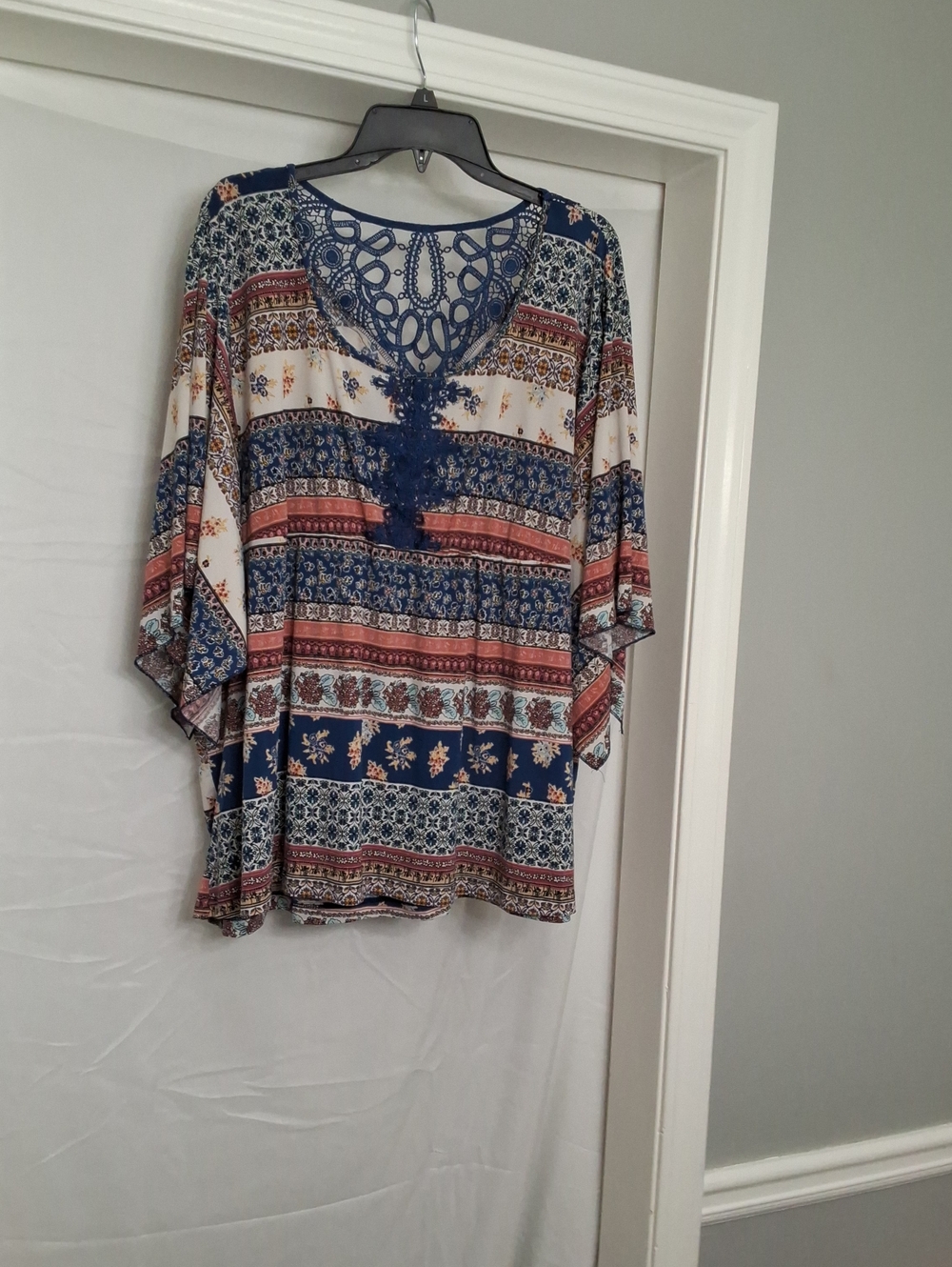 Bohemian Crochet-Trim Tunic Top in Navy and Cream